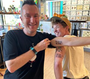 ND Stevenson Instagram - Traveling with this little Nimona fam the past several weeks has been so fucking special…so much so we even got tattoos. “BLA-BLA-BLA, VICTOIRE !” which were the French subtitles for “something something something, we win!” at the Annecy screening. I’ll be cherishing these memories for the rest of my life 💖🤘🤘🤘