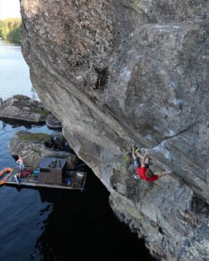 Nalle Hukkataival Instagram - Really doesn’t get much better than this for DWS! Bullet granite, fresh water lake, non-Mediterranean temperatures and a floating sauna underneath! This cliff is shaping up to be like nothing else in the world. What might be the most difficult line on the cliff finally went down a couple days ago. Full on climb and high on up on the star-scale, I’m calling it ‘Ei tippa tapa’. Stay tuned for a video in the works. Stoke is high to get back to the newly brushed projects that may well turn out to be just as hard! 🙌☀️💦 Photo: @markosiivinen @blackdiamond @lasportivagram