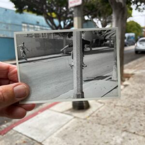 Natas Kaupas Instagram - Old man with old photo in the old neighborhood. Guessing the photo is from shooting Speed Freaks video, Julian by edge of frame.