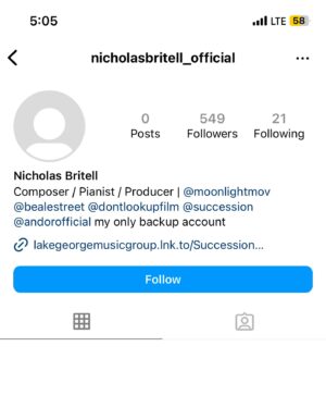 Nicholas Britell Instagram - There is another fraudulent IG account! Please do not respond to them as they are impersonating me.