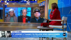 Norman Lear Instagram - As a recently minted centenarian, I have so much to be thankful for - - and as a combat veteran of World War II, I could not be more grateful for the the primarily black Tuskegee airmen who flew fighter planes escorting our B-17s to our targets over Germany. They fought off the Messerschmitt fighter planes that the enemy sent to attack us. Bless you, @robinrobertsgma and @tylerperry for making it possible for me to have this moment with with my Tuskegee brothers, Lt. Col. Harry Stewart Jr. and Lt. Col. George Hardy. #linkinbio