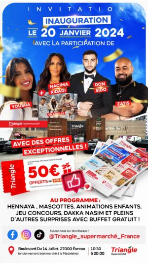 Othman El Hamdaoui Instagram - On est allé faire l’ouverture extraordinaire du magasin @triangle_supermarche_france à Évreux, et que dire .. la vidéo n’est qu’un dixième de toute cette journée ! C’était incroyable merci encore pour l’accueil et foncez y c’est vraiment hyper interessant les prix sont très bons et le large choix de produits vous plaira j’en suis sur !! À très bientôt parce qu’on va continuer à travailler ensemble !