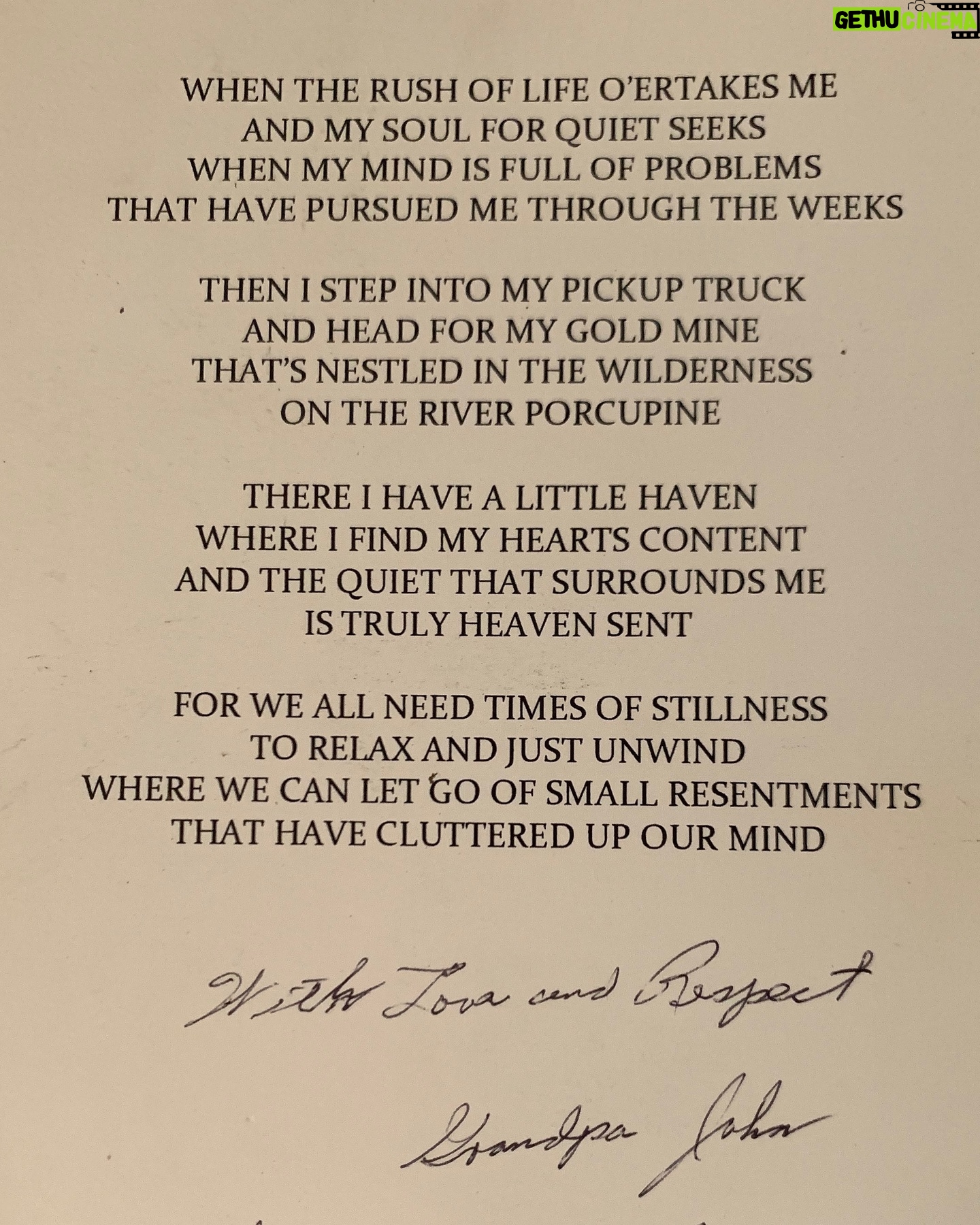 Parker Schnabel - 21.8K Likes - Hereās a poem from Grandpa John- His mine and cabin was always a very special place for him. Itās taken me a long time to understand how much peace you can find in an old rocking chair next to a creek. He died 3 years ago today. Gone but never forgotten.