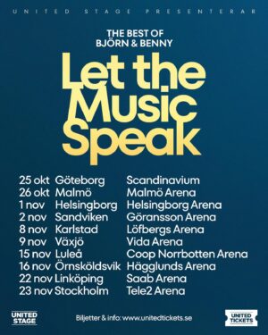 Peter Jöback Instagram - Det stora ABBA året 2024 kommer att krönas med en arenaturné där det bästa från Björn & Bennys låtskatt ska tolkas. Ska bli roligt att få återvända till deras musikaliska universum. Jag ska göra detta tillsammans med @tomasanderssonwij @petra_marklund  @linneahendrix och ett stort band, stråk och kör ! 

Biljetterna till LET THE MUSIC SPEAK - THE BEST OF BJÖRN & BENNY släpps 5 april kl 10 via unitedtickets.se

Finns länk i min bio!