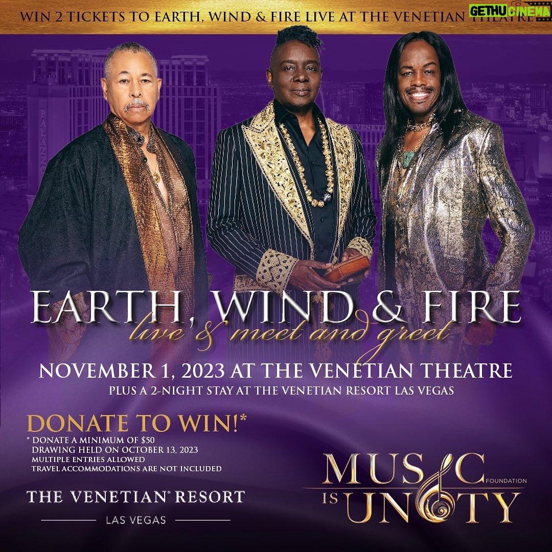 Philip Bailey - 884 Likes - Are you ready to groove the night away with the Legendary Earth, Wind and Fire? Donate NOW a minimum of $50 to Music Is Unity Foundation for a chance to win 2 tickets to Earth, Wind & Fire Las Vegas Residency at The Venetian Theatre, PLUS an exclusive meet and greet backstage for their November 1st show, timed to National Adoption Month. That’s not all, enjoy a 2-night stay at the luxurious Venetian Resort Las Vegas. Enter by October 12th 11:59 PM EST as many times as you want for your chance to be a Shining Star! Travel accommodations are NOT included. Donations support the Music Is Unity Foundation and its mission to bring awareness to the plight of foster youth and provide valuable resources to aging out foster youth.
#MusicIsUnityXVenetianResort #GrooveWithTheLegends #EWFVegasGiveaway