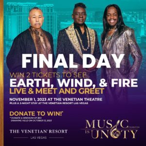 Philip Bailey Instagram - It's the Grand Finale! Our Earth, Wind & Fire Giveaway ends TONIGHT, and you could be the lucky winner of an unforgettable night in Vegas. Enter now by donating a minimum of $50 and let's turn up the volume on your life's soundtrack! Click link to enter https://www.musicisunity.org/. #EWFVegasGiveaway #GrandFinale #EnterToWin