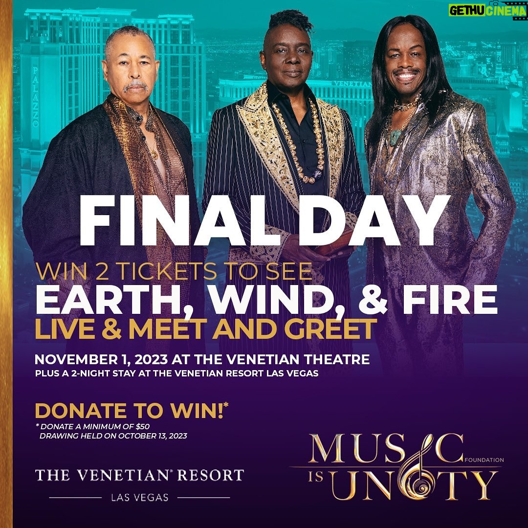 Philip Bailey - 798 Likes - It's the Grand Finale! Our Earth, Wind & Fire Giveaway ends TONIGHT, and you could be the lucky winner of an unforgettable night in Vegas. Enter now by donating a minimum of $50 and let's turn up the volume on your life's soundtrack! Click link to enter https://www.musicisunity.org/. #EWFVegasGiveaway #GrandFinale #EnterToWin