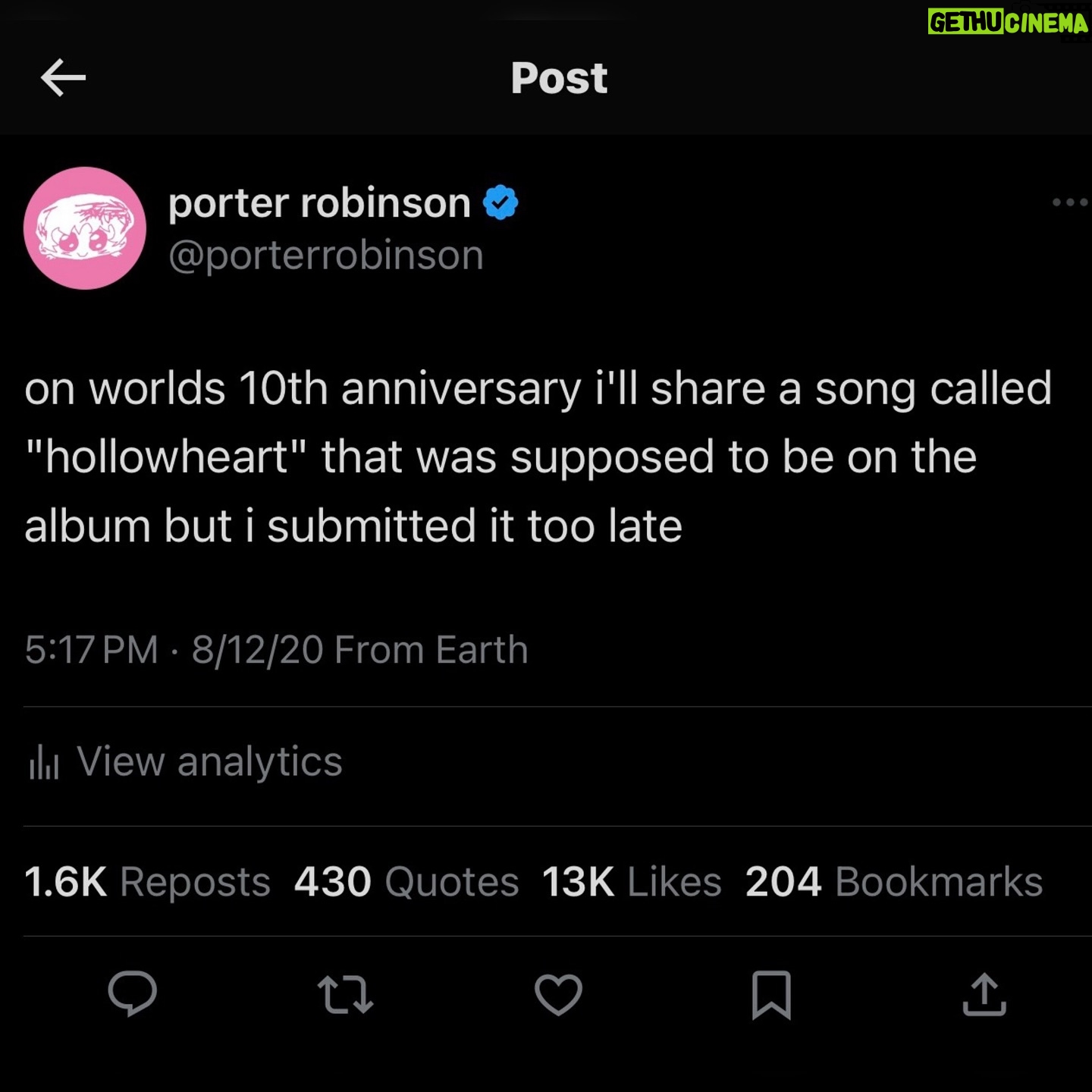 Porter Robinson - 41.6K Likes - tomorrow i’m going to share the “lost” 13th song from Worlds, an interlude called “Hollowheart”.