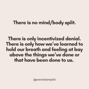 Prentis Hemphill Instagram - There is no mind/body split.

There is only incentivized denial. There is only how we’ve learned to hold our breath and feeling at bay above the things we’ve done or that have been done to us.