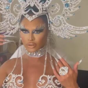 Preston Meneses Instagram - Painted the sister @sashacolby for her @rupaulsdragrace step-down 👑 

 📷 @sanchezzalba 
Makeup @prestonmakeup 
Gown  @ethan.m.cross 
Headpiece @fiercejewels_official
