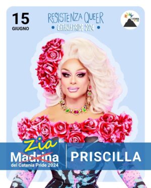 Priscilla Drag Instagram - È ufficiale! Priscilla: La Zia del Catania Pride 2024 🏳️‍🌈

Mariano Gallo, in arte Priscilla, è una iconica drag queen italiana, conduttrice di Drag Race Italia e nota anche per il suo impegno come attivista transfemminista e queer. È un esempio di come l'arte drag possa essere uno strumento importante di rivendicazione politica e sociale.

Più che madrina, Priscilla preferisce essere la zia del Pride, riconoscendosi nella nostra comunità - la comunità LGBTQIA  - come parte di una grande famiglia. Una famiglia queer che ha bisogno di tutte quelle persone che abbracciano la nostra causa e sposano la nostra lotta.

Priscilla vi aspetta Sabato 15 Giugno al corteo del #CataniaPride2024 #ResistenzaQueer .

Non potete mancare! 💪🏾

#CataniaPride