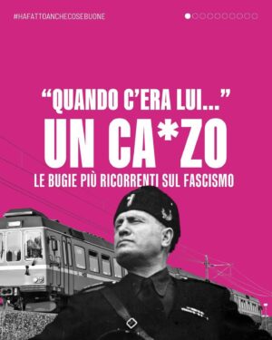 Priscilla Drag Instagram - Posted @withregram • @abolizionesuffragiouniversale No, quando c’era lui non si bonificavano tutte le paludi. E i treni non arrivavano in orario.

Ma ok, facciamo pure finta di sì.

Davvero ritenete che la vostra libertà di pensiero, di parola, di associazione e i vostri diritti alla salute, al voto e all’istruzione siano sacrificabili per un ettaro in più di palude bonificata?

Viva il 25 aprile.
Viva la Liberazione.

(Per approfondimenti, si consiglia la lettura del libro “Mu*solini ha fatto anche cose buone” dello storico Francesco Filippi)
