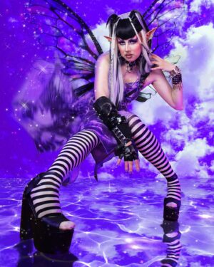 Pythia Instagram - MySpace Fairies🖤✨⚔️🧚🏼🪐⛓ *insert Evanescence lyrics here* I painted my drag fam @fawndarling.xo and @denimpusssy and shot us as kitschy y2k goth fairy desktop backgrounds… 😂🖤✨ Obsessed with the outcome! 😍 Check the last slide to see @fawndarling.xo ‘s gif of us that she made! 😭 #fairycore #myspace #emo #goth #rawrxd