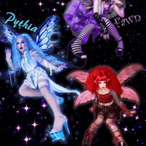 Pythia Instagram - MySpace Fairies🖤✨⚔️🧚🏼🪐⛓ *insert Evanescence lyrics here* I painted my drag fam @fawndarling.xo and @denimpusssy and shot us as kitschy y2k goth fairy desktop backgrounds… 😂🖤✨ Obsessed with the outcome! 😍 Check the last slide to see @fawndarling.xo ‘s gif of us that she made! 😭 #fairycore #myspace #emo #goth #rawrxd