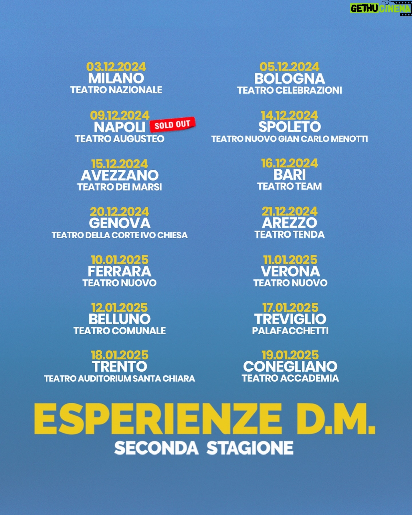 Riccardo Dose - 118.3K Likes - ESPERIENZE D.M. DAL VIVO A TEATRO - SECONDA STAGIONE - IL TOUR 2024/2025! 🎭❤️
link per acquistare i biglietti in bio 👀
Ecco a voi le prime 70 date del nostro NUOVO spettacolo A TEATRO, a queste se ne aggiungeranno altre 20 per un totale di 90 date di questo folle tour!
Affrettatevi a prendere il vostro biglietto perché tantissime date sono già SOLD OUT!
CI RIVEDIAMO A TEATRO❤️