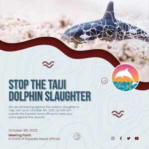 Richard O'Barry Instagram - For a Jolly Good Time, join Dolphin Freedom UK on October 4th: Schedule for the day
Meet 11:00am Expedia Head Offices

11:00am -12:30pm Expedia Head Offices 

From here the No. 30 bus takes us  directly to the Akatoki Prince Hotel in just under 30 minutes.

Meet 1:30pm Akatoki Prince Hotel
@2:30pm move to Japanese Embassy (5 minutes walk)

2:30-4:00pm Japanese Embassy 

As stated this will be a full day of action. Please eat a large breakfast, bring lunch or be prepared to grab lunch on the way. There will be a half hour break in between Expedia and the Prince Hotel to eat lunch and refreshments. 

(Photo taken from Expedia website, dolphin captured from the Taiji drive)
