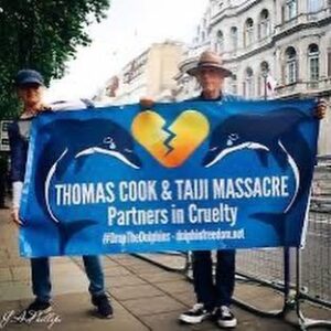 Richard O'Barry Instagram - Protesting Thomas Cook in London with Helene and Dolphin Freedom U.K.🇬🇧 And it worked!  #DolphinProject #DolphinFreedom