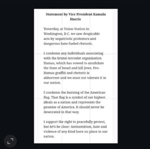 Ritchie Torres Instagram - Thank you Vice President Kamala Harris for speaking out clearly and forcefully against the antisemitic protests that took hold at Union Station. 

The Vice President rightly denounces the antisemitic vandalism, vitriol, and violence as “unpatriotic” and “dangerous.”