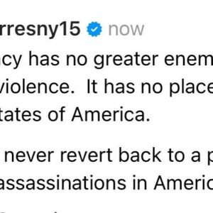 Ritchie Torres Instagram - Democracy has no greater enemy than political violence.  It has no place in the United States of America. 

We must never revert back to a period of political assassinations in America.
