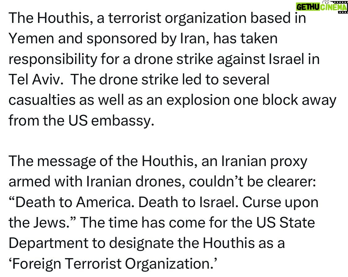 Ritchie Torres - 5.4K Likes - The Houthis, a terrorist organization based in Yemen and sponsored by Iran, has taken responsibility for a drone strike against Israel in Tel Aviv. The drone strike led to several casualties as well as an explosion one block away from the US embassy.
The message of the Houthis, an Iranian proxy armed with Iranian drones, couldn’t be clearer: “Death to America. Death to Israel. Curse upon the Jews.” The time has come for the US State Department to designate the Houthis as a ‘Foreign Terrorist Organization.’