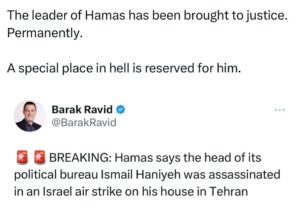 Ritchie Torres Instagram - The leader of Hamas has been brought to justice.  Permanently. 

A special place in hell is reserved for him.