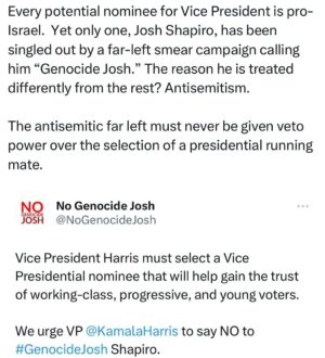 Ritchie Torres Instagram - Every potential nominee for Vice President is pro-Israel.  Yet only one, Josh Shapiro, has been singled out by a far-left smear campaign calling him “Genocide Josh.” The reason he is treated differently from the rest? Antisemitism. 

The antisemitic far left must never be given veto power over the selection of a presidential running mate.