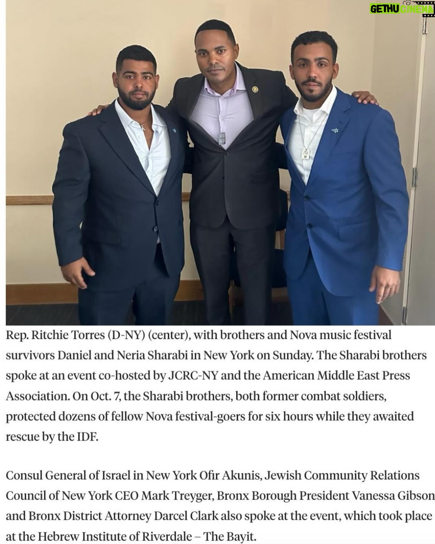 Ritchie Torres - 7.5K Likes - At the Hebrew Institute of Riverdale (The Bayit), which I proudly represent, I had the high honor of joining JCRC and AMEPA in hosting two heroes—Daniel and Neria Sharabi—who shared their stories of saving lives on 10/7.