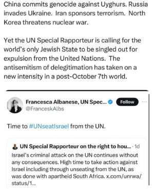 Ritchie Torres Instagram - China commits genocide against Uyghurs. Russia invades Ukraine.  Iran sponsors terrorism.  North Korea threatens nuclear war. 

Yet the UN Special Rapporteur is calling for the world’s only Jewish State to be singled out for expulsion from the United Nations.  The antisemitism of delegitimation has taken on a new intensity in a post-October 7th world.