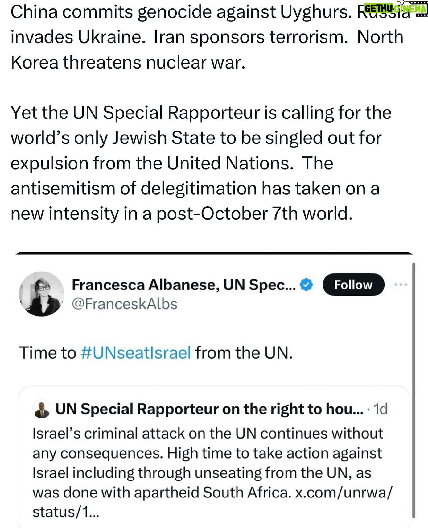 Ritchie Torres - 8.5K Likes - China commits genocide against Uyghurs. Russia invades Ukraine. Iran sponsors terrorism. North Korea threatens nuclear war.
Yet the UN Special Rapporteur is calling for the world’s only Jewish State to be singled out for expulsion from the United Nations. The antisemitism of delegitimation has taken on a new intensity in a post-October 7th world.