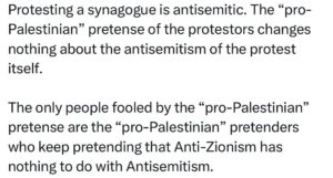 Ritchie Torres Instagram - Protesting a synagogue is antisemitic. The “pro-Palestinian” pretense of the protestors changes nothing about the antisemitism of the protest itself. 

The only people fooled by the “pro-Palestinian” pretense are the “pro-Palestinian” pretenders who keep pretending that Anti-Zionism has nothing to do with Antisemitism.