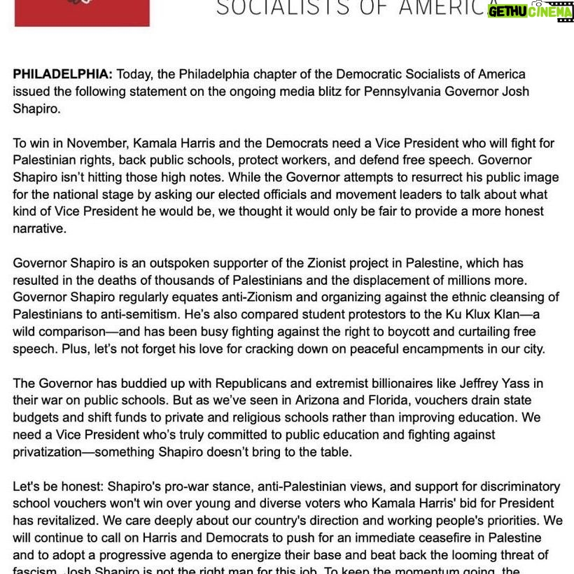 Ritchie Torres - 7.4K Likes - The Democratic Socialists of America is waging a smear campaign against Governor Josh Shapiro. Even though the Governor is well within the mainstream of the Democratic Party—a mainstream from which the DSA itself is far removed—the DSA is nonetheless singling out the Governor simply because he is Jewish. It should be called out for what it is: antisemitism.
Just as troubling, the DSA refuses to utter the word ‘Israel,” instead calling it “the Zionist Project in Palestine.” The antisemitism of the DSA has no place in the Democratic Party.