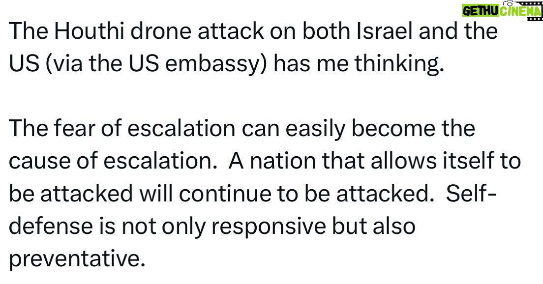 Ritchie Torres - 3.7K Likes - The Houthi drone attack on both Israel and the US (via the US embassy) has me thinking.
The fear of escalation can easily become the cause of escalation. A nation that allows itself to be attacked will continue to be attacked. Self-defense is not only responsive but also preventative.