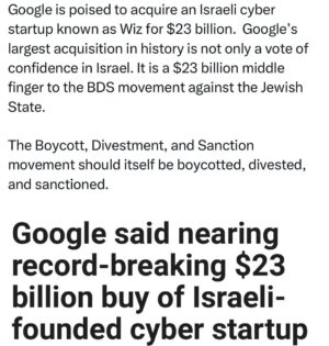 Ritchie Torres Instagram - Google is poised to acquire an Israeli cyber startup known as Wiz for $23 billion.  Google’s largest acquisition in history is not only a vote of confidence in Israel. It is a $23 billion middle finger to the BDS movement against the Jewish State. 

The Boycott, Divestment, and Sanction movement should itself be boycotted, divested, and sanctioned.