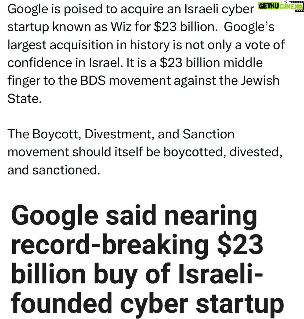 Ritchie Torres - 14.6K Likes - Google is poised to acquire an Israeli cyber startup known as Wiz for $23 billion. Google’s largest acquisition in history is not only a vote of confidence in Israel. It is a $23 billion middle finger to the BDS movement against the Jewish State.
The Boycott, Divestment, and Sanction movement should itself be boycotted, divested, and sanctioned.