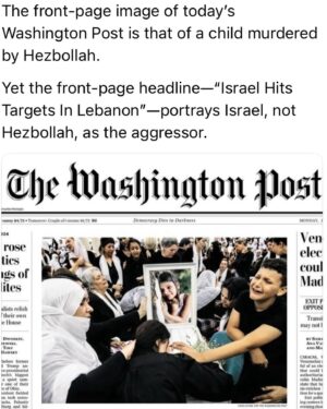 Ritchie Torres Instagram - The front-page image of today’s Washington Post is that of a child murdered by Hezbollah. 

Yet the front-page headline—“Israel Hits Targets In Lebanon”—portrays Israel, not Hezbollah, as the aggressor.