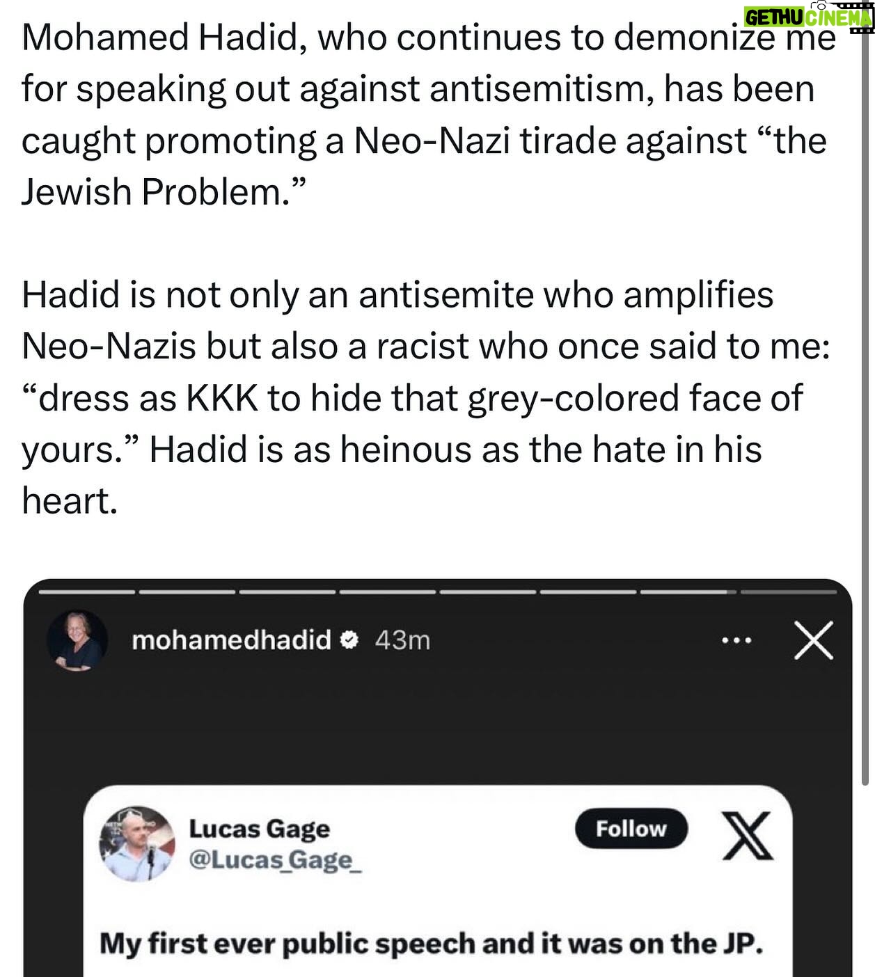 Ritchie Torres - 8K Likes - Mohamed Hadid, who continues to demonize me for speaking out against antisemitism, has been caught promoting a Neo-Nazi tirade against “the Jewish Problem.”
Hadid is not only an antisemite who amplifies Neo-Nazis but also a racist who once said to me: “dress as KKK to hide that grey-colored face of yours.” Hadid is as heinous as the hate in his heart.