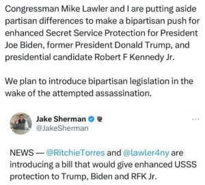 Ritchie Torres Instagram - Congressman Mike Lawler and I are putting aside partisan differences to make a bipartisan push for enhanced Secret Service Protection for President Joe Biden, former President Donald Trump, and presidential candidate Robert F Kennedy Jr. 

We plan to introduce bipartisan legislation in the wake of the attempted assassination.
