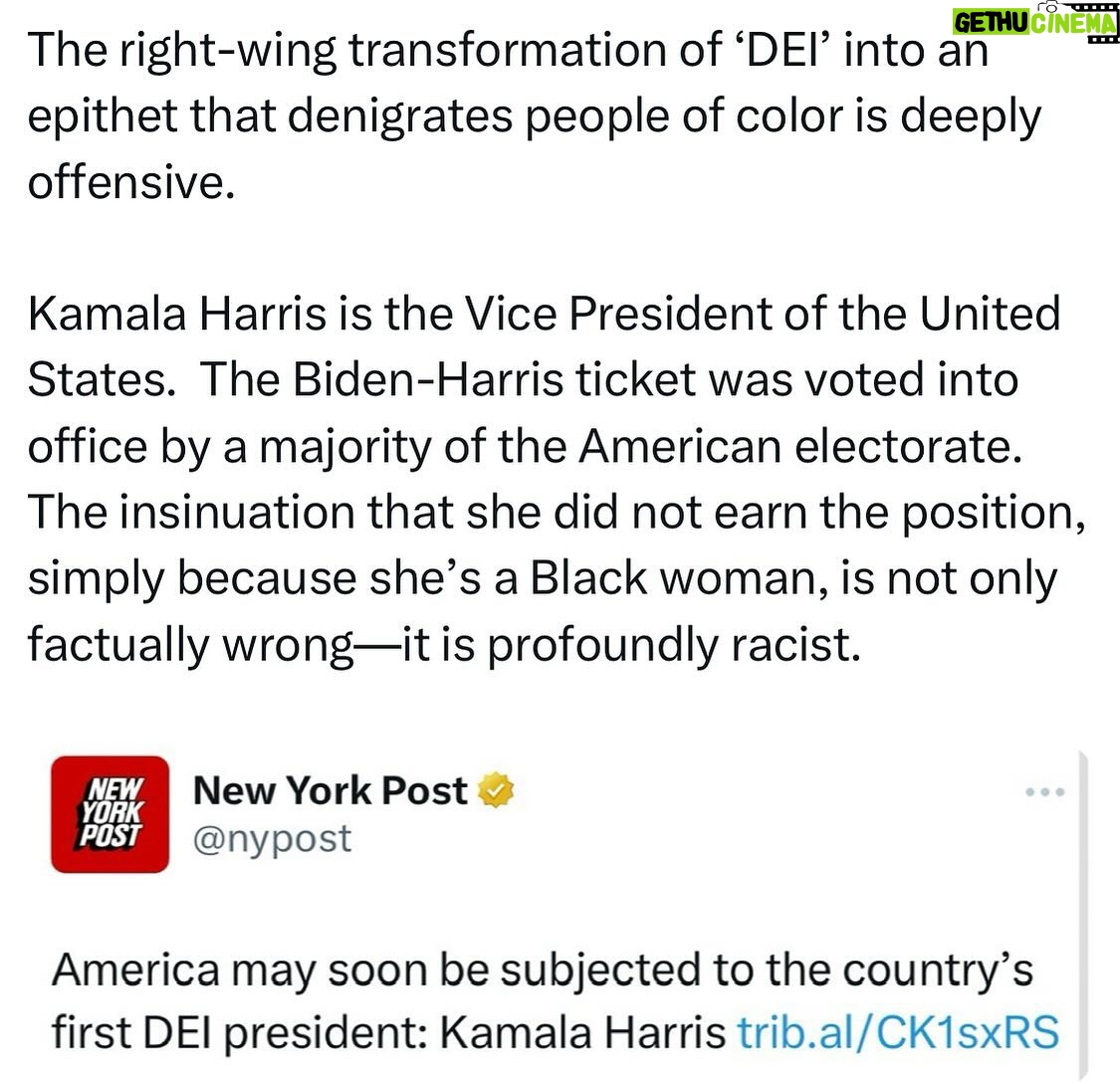 Ritchie Torres - 3.2K Likes - The right-wing transformation of ‘DEI’ into an epithet that denigrates people of color is deeply offensive.
Kamala Harris is the Vice President of the United States. The Biden-Harris ticket was voted into office by a majority of the American electorate. The insinuation that she did not earn the position, simply because she’s a Black woman, is not only factually wrong—it is profoundly racist.