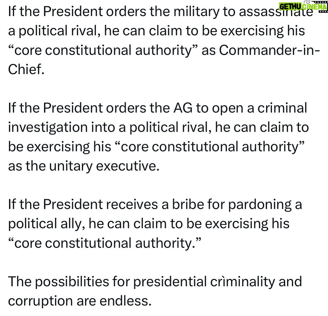 Ritchie Torres - 1.5K Likes - If the President orders the military to assassinate a political rival, he can claim to be exercising his “core constitutional authority” as Commander-in-Chief.
If the President orders the AG to open a criminal investigation into a political rival, he can claim to be exercising his “core constitutional authority” as the unitary executive.
If the President receives a bribe for pardoning a political ally, he can claim to be exercising his “core constitutional authority.”
The possibilities for presidential crìminality and corruption are endless.
