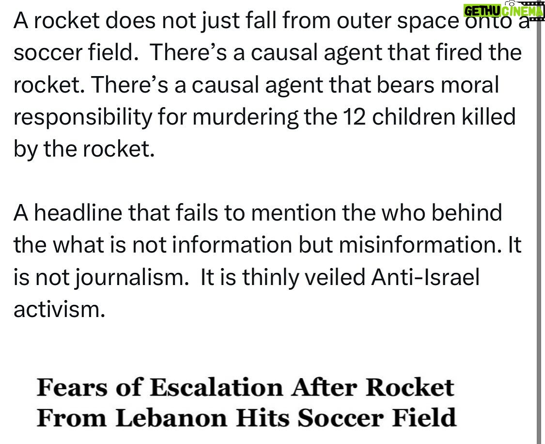 Ritchie Torres - 6.1K Likes - A rocket does not just fall from outer space onto a soccer field. There’s a causal agent that fired the rocket. There’s a causal agent that is morally culpable for the murder of the 12 children killed by the rocket.
A headline that fails to mention the who behind the what is not information but misinformation. It is not journalism but Anti-Israel activism.