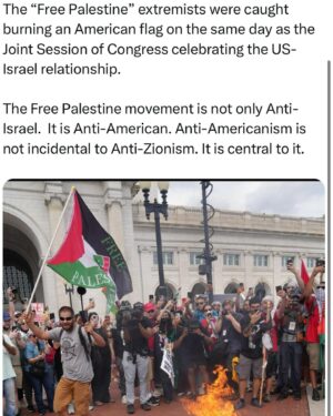 Ritchie Torres Instagram - The “Free Palestine” extremists were caught burning an American flag on the same day as the Joint Session of Congress celebrating the US-Israel relationship. 

The Free Palestine movement is not only Anti-Israel.  It is Anti-American. Anti-Americanism is not incidental to Anti-Zionism. It is central to it.