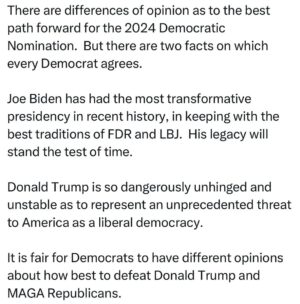 Ritchie Torres Instagram - There are differences of opinion as to the best path forward for the 2024 Democratic Nomination.  But there are two facts on which every Democrat agrees.

Joe Biden has had the most transformative presidency in recent history, in keeping with the best traditions of FDR and LBJ.  His legacy will stand the test of time. 

Donald Trump is so dangerously unhinged and unstable as to represent an unprecedented threat to America as a liberal democracy. 

It is fair for Democrats to have different opinions about how best to defeat Donald Trump and MAGA Republicans.