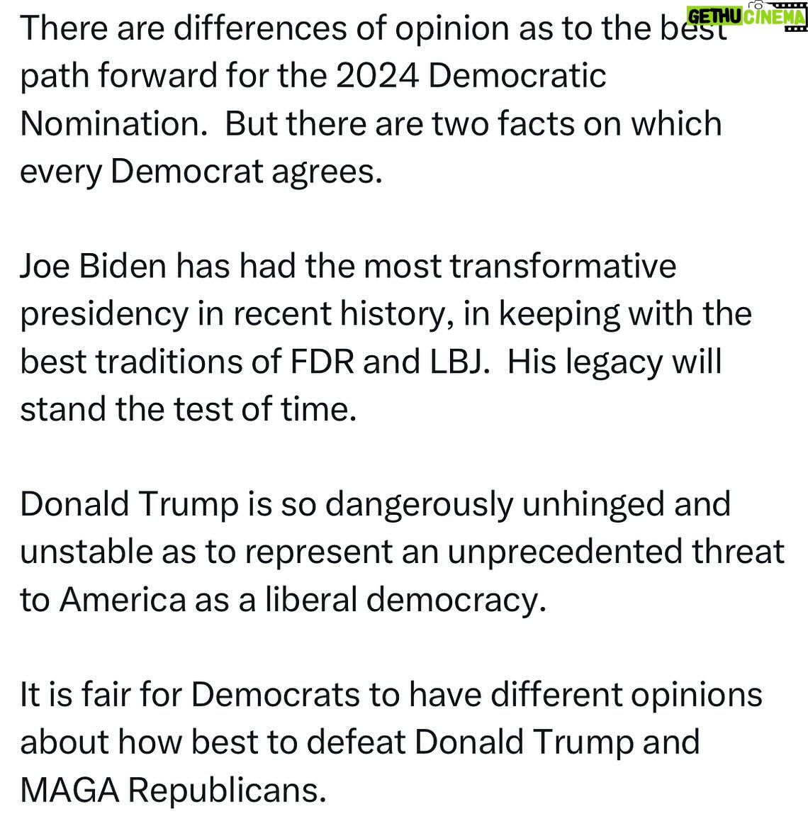 Ritchie Torres - 1.3K Likes - There are differences of opinion as to the best path forward for the 2024 Democratic Nomination. But there are two facts on which every Democrat agrees.
Joe Biden has had the most transformative presidency in recent history, in keeping with the best traditions of FDR and LBJ. His legacy will stand the test of time.
Donald Trump is so dangerously unhinged and unstable as to represent an unprecedented threat to America as a liberal democracy.
It is fair for Democrats to have different opinions about how best to defeat Donald Trump and MAGA Republicans.