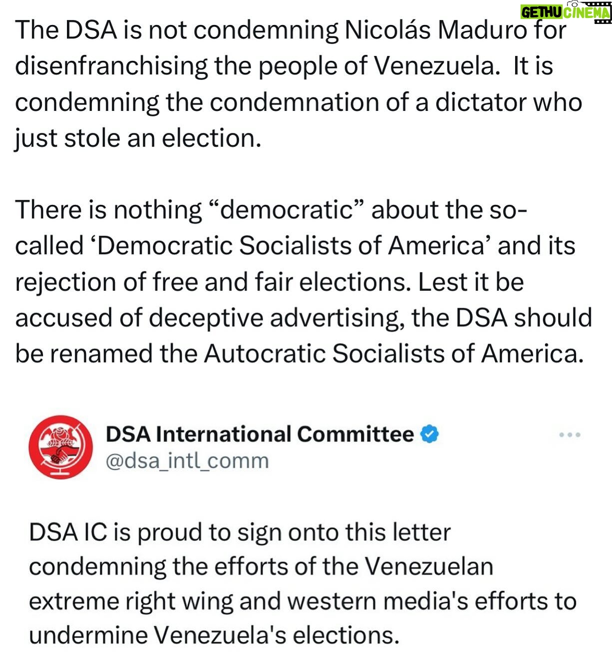 Ritchie Torres - 2.3K Likes - The DSA is not condemning Nicolás Maduro for disenfranchising the people of Venezuela. It is condemning the condemnation of a dictator who just stole an election.
There is nothing “democratic” about the so-called ‘Democratic Socialists of America’ and its rejection of free and fair elections. Lest it be accused of deceptive advertising, the DSA should be renamed the Autocratic Socialists of America.