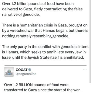 Ritchie Torres Instagram - Over 1.2 billion pounds of food have been delivered to Gaza, flatly contradicting the false narrative of genocide. 

There is a humanitarian crisis in Gaza, brought on by a wretched war that Hamas began, but there is nothing remotely resembling genocide. 

The only party in the conflict with genocidal intent is Hamas, which seeks to annihilate every Jew in Israel until the Jewish State itself is annihilated.