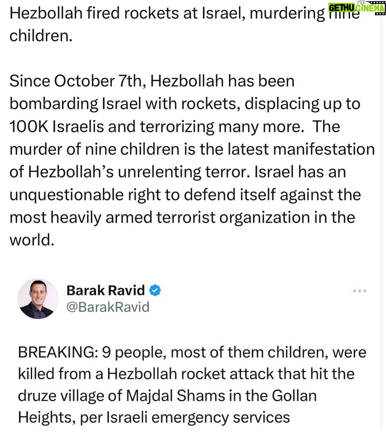 Ritchie Torres - 6.3K Likes - Hezbollah fired rockets at Israel, murdering nine children.
Since October 7th, Hezbollah has been bombarding Israel with rockets, displacing up to 100K Israelis and terrorizing many more. The murder of nine children is the latest manifestation of Hezbollah’s unrelenting terror. Israel has an unquestionable right to defend itself against the most heavily armed terrorist organization in the world.
