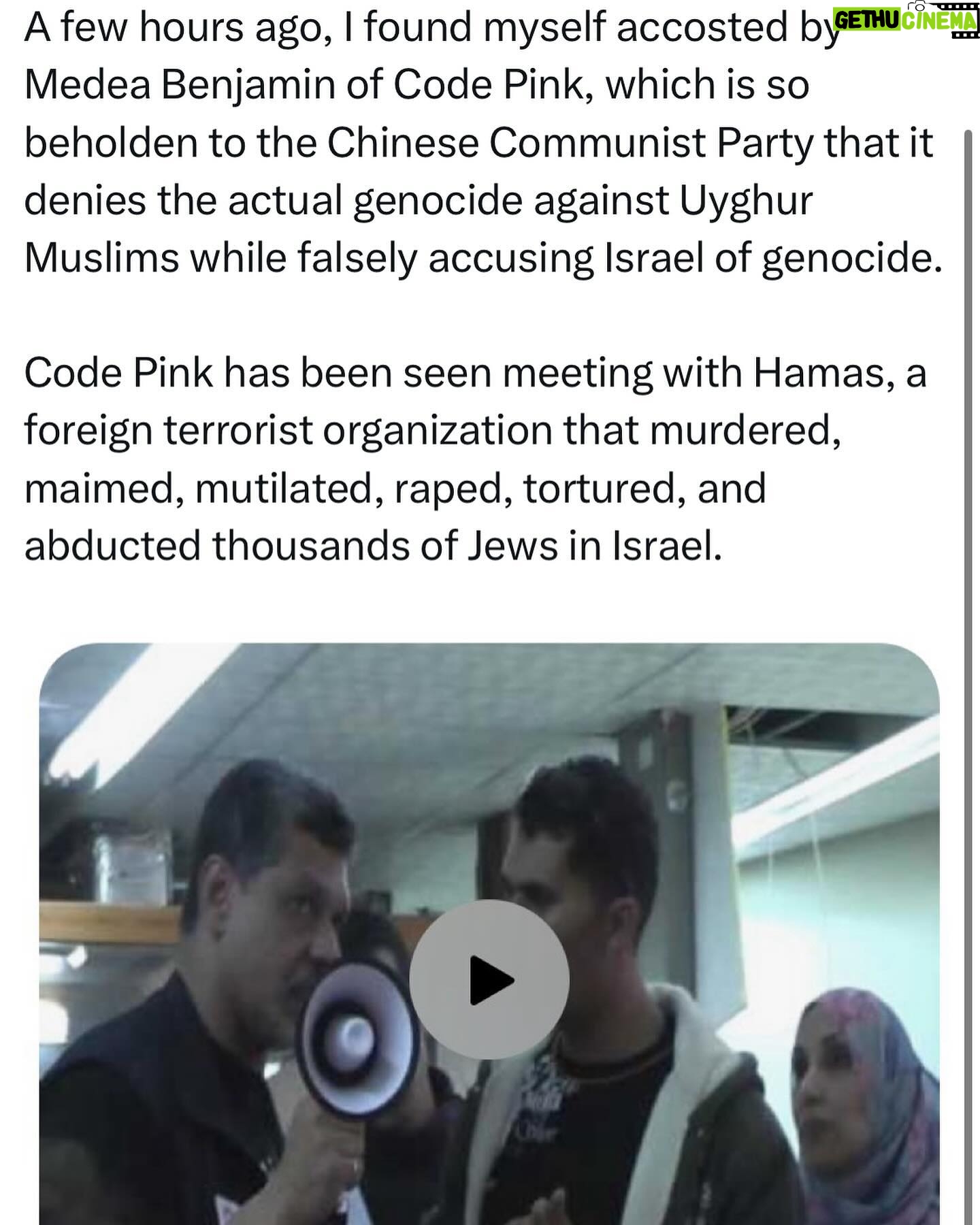 Ritchie Torres - 8.5K Likes - A few hours ago, I found myself accosted by Medea Benjamin of Code Pink, which is so beholden to the Chinese Communist Party that it denies the actual genocide against Uyghur Muslims while falsely accusing Israel of genocide.
Code Pink has been seen meeting with Hamas, a foreign terrorist organization that murdered, maimed, mutilated, raped, tortured, and abducted thousands of Jews in Israel.