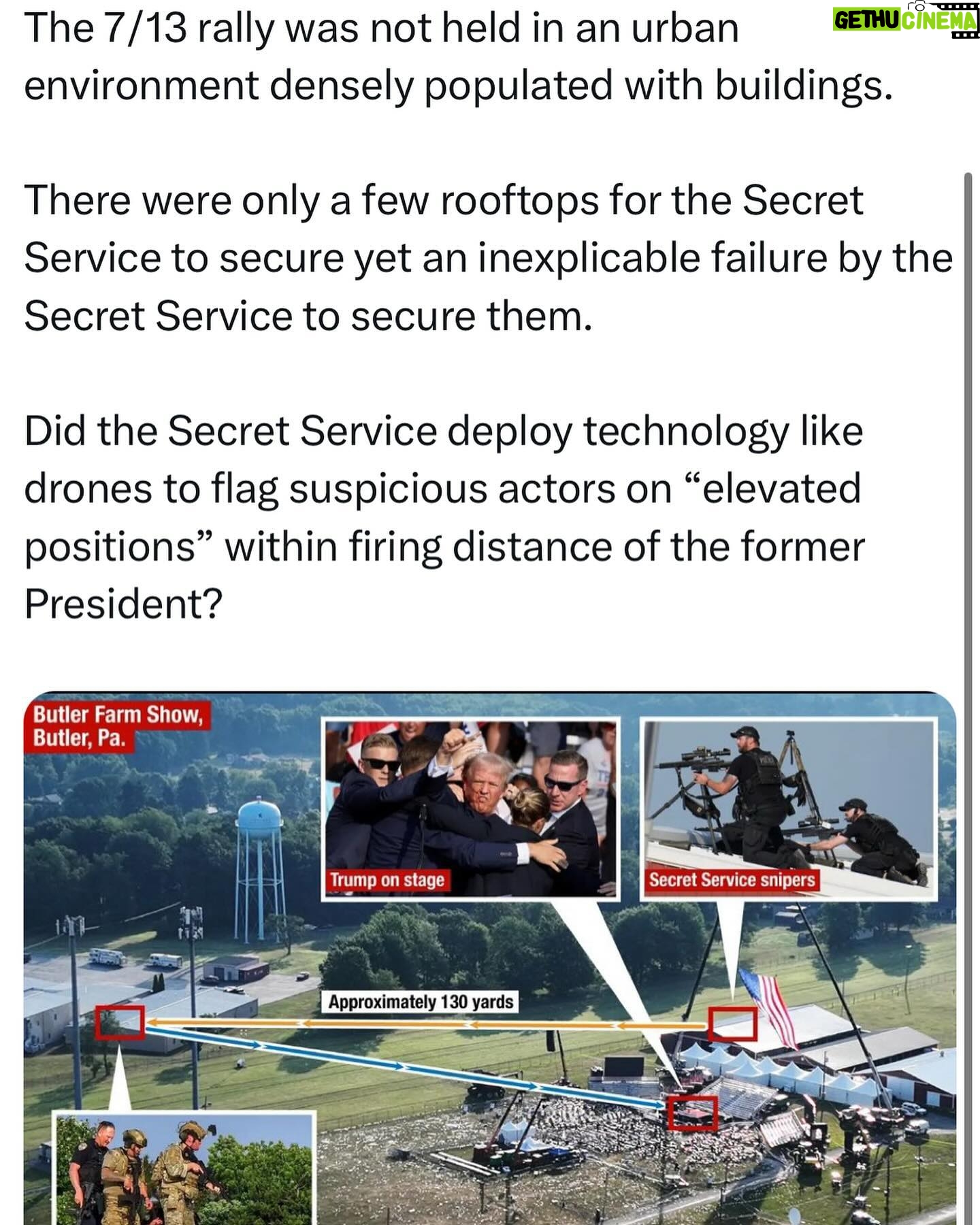 Ritchie Torres - 1.8K Likes - The 7/13 rally was not held in an urban environment densely populated with buildings.
There were only a few rooftops for the Secret Service to secure yet an inexplicable failure by the Secret Service to secure them.
Did the Secret Service deploy technology like drones to flag suspicious actors on “elevated positions” within firing distance of the former President?
