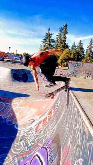 Rob 'Sluggo' Boyce Instagram - This park is a cheese grater. I painted the flat bottom to give the illusion of smooth but it’s deadly. So every time I get comfy enough to commit to a new old one, it’s a celebration. Backside ollie to tail for the win. Nothing can stop me I’m all the way up. 🙌 #skater #thankyouskateboarding #gratitude #beautiful #blue #sun #thankyou #thankful #pma #pnw #skatepark #halfpipe #foreveryoung 🛹🀄️🇨🇦 @kelstheroo my Filmer ❤️