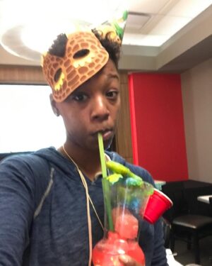 Samira Wiley Instagram - I was born 34 years ago today. What?! Yay and stuff! Anyway here’s a picture from 3 years ago today when I decided to have a birthday party at Dave and Buster’s in Hollywood. Yup, subtle. Anyway, I wore an upside dinosaur mask (truly no idea why I thought it should be upside down, could have something to do with that beverage 😂) to hide my face, so no one would recognize me and I could just walk around, unfiltered, play games and just have so much fun! That’s the me I always want to celebrate today. The kid. Always the kid. 👌🏾So yay Happy Birthday to the kid! 🥳🥳🎉🥰